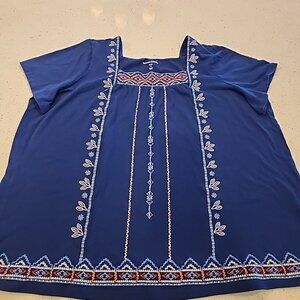 Woman Within Blue Floral Embroidered Top Size 1X 22/24 Short Sleeve Square Neck